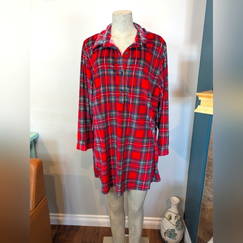 🍁Red Plaid Long Sleeve Night Shirt Soft Fleece Adult Size XXL Children's Place